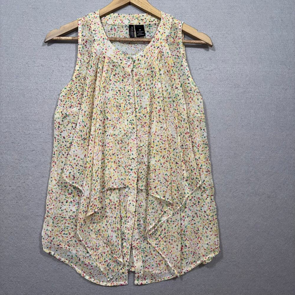 Bisou‎ Bisou Sheer Sleeveless Multicolor Floral Ruffle Blouse XS Flowy Boho Y2K